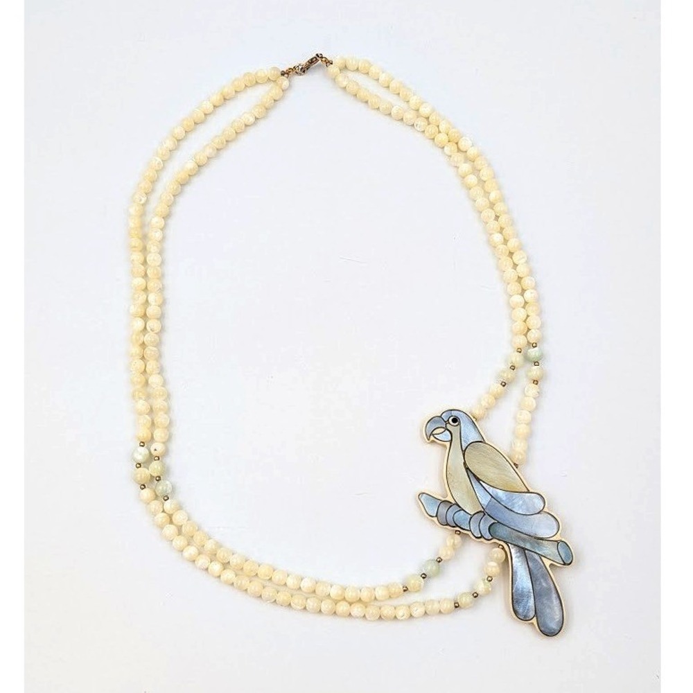 VTG Lee Sands Mother of Pearl Parrot Necklace Double Strand Inlaid Shell Macaw